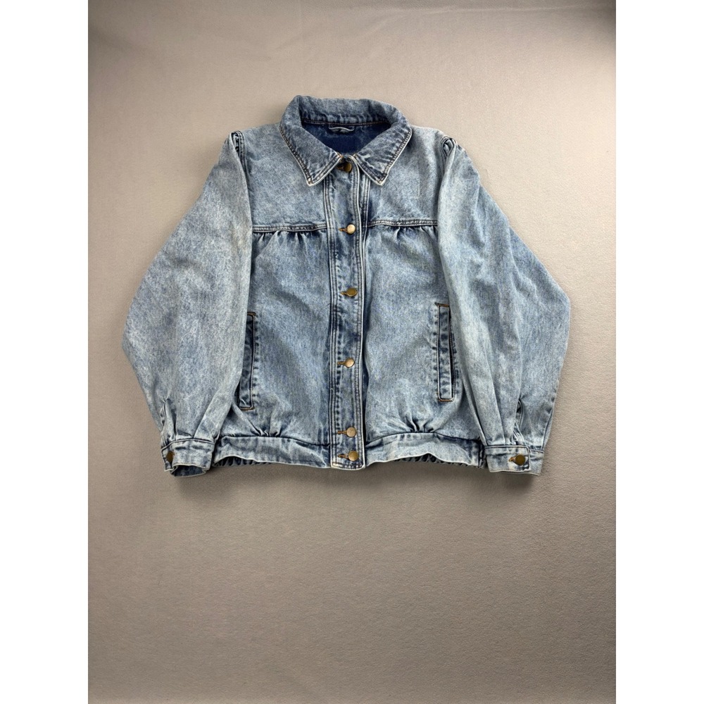 Vintage 80s Acid Wash Denim Jacket Puff Sleeve Gathered Yoke Trucker Medium